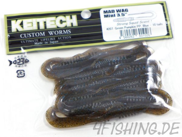 Keitech MAD WAG MINI 3,5" - der Wurmtwister #207 Green Pumpkin PP. Blue