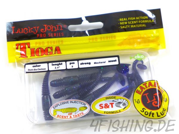 Lucky John Pro Series TIOGA in 2,4" (6,1 cm) in ELECTRIC BLUE CHARTREUSE - der Barsch- & Forellenkiller!!!